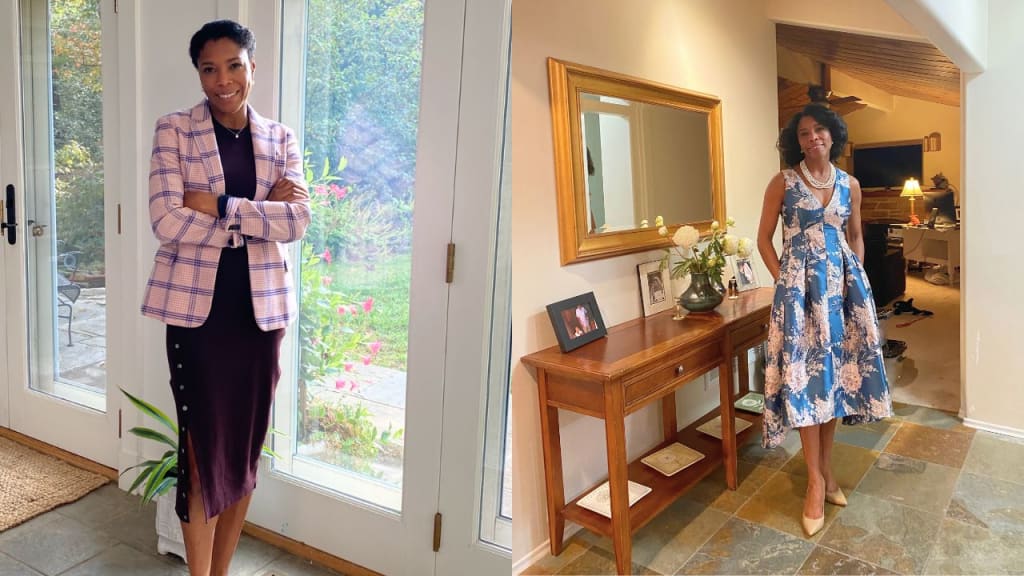 A woman stands by glass doors in a plaid blazer and dress on the left, and in a floral dress by a console table and mirror in a hallway on the right.